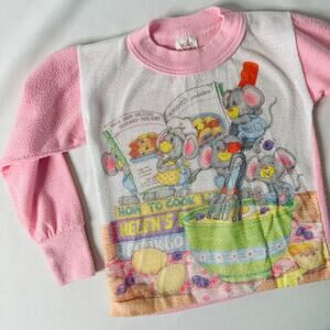 Vintage 80s Dr. Denton Mice Baking Grandma's Pancakes Long Sleeve Pajama Top Sz3